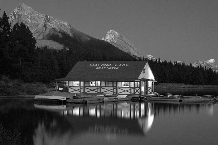 Twilight Maligne Lake Boathouse 2786
