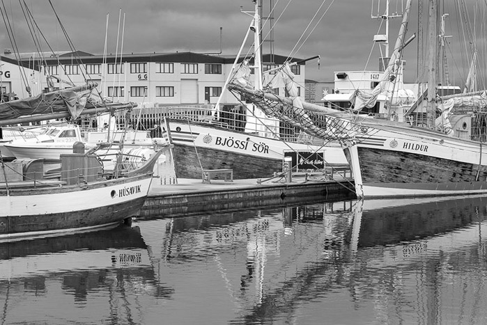 Husavik Harbor Boats Iceland BW 3645