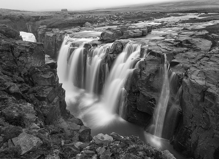 Laugafell Mountain Lodge Waterfalls Iceland BW 3155